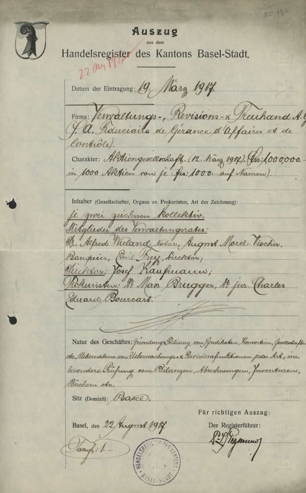 Handelsregistereintrag von 1917